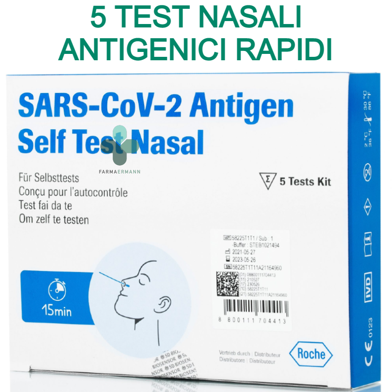  Test nasale antigenico rapido covid-19 autodiagnostico determinazione qualitativa antigeni sars-cov-2 in tamponi nasali mediante immunocromatografia (5 pezzi) 